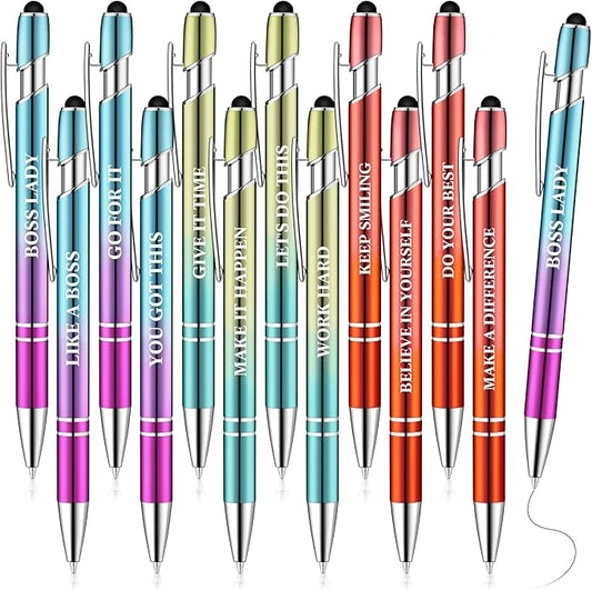Zonon 12 Pcs Inspirational Pens Bulk Funny Ballpoint Pen with Stylus Tip Motivational Gifts for Christmas Teacher Coworkers Nurse School Office Supplies(Plating Color,Motivational Style)