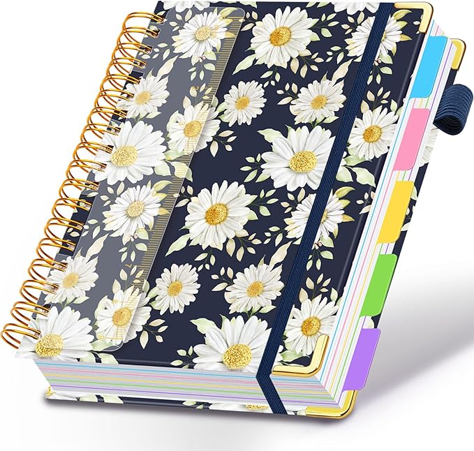 Spiral Journal Notebook for Work, 300 Pages 5 Subject Notebook College Ruled with Dividers & Tabs, 8''x 10'' Large Cute Notebooks Journal for Women Students Note-Taking and Organizer (White Daisy)