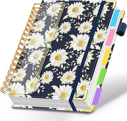 Spiral Journal Notebook for Work, 300 Pages 5 Subject Notebook College Ruled with Dividers & Tabs, 8''x 10'' Large Cute Notebooks Journal for Women Students Note-Taking and Organizer (White Daisy)