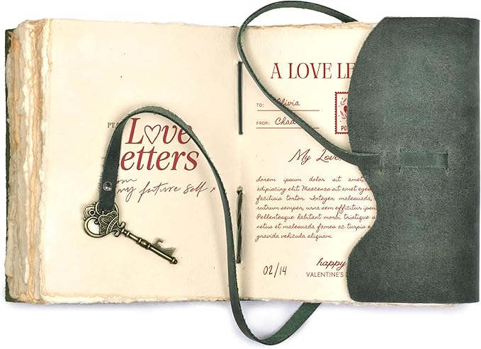 LEATHER VILLAGE Vintage Leather Journal – 200 Handmade Vintage Deckle Edge Paper – Leather bound Journal For Women Men – Vintage Key Closure - Book of Shadows - Aqua - 13X8 inches