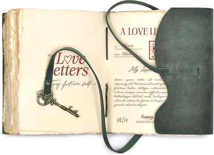 LEATHER VILLAGE Vintage Leather Journal – 200 Handmade Vintage Deckle Edge Paper – Leather bound Journal For Women Men – Vintage Key Closure - Book of Shadows - Aqua - 13X8 inches