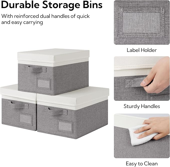 GRANNY SAYS Storage Bins with Lids, Collapsibe Clothes Organizers and Storage, Storage Baskets for Shelves, Decorative Storage Boxes with Lids, 3-Pack, Gray&Ivory