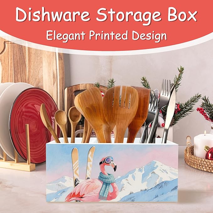 Winter Skiing Flamingo Pen Pencil Holder Organizer for Desk, Pink Flamingo Gifts, Pink Tropical Bird Snowy Mountain Wood Cooking Kitchen Utensils Utensil Organizer Holder Decor