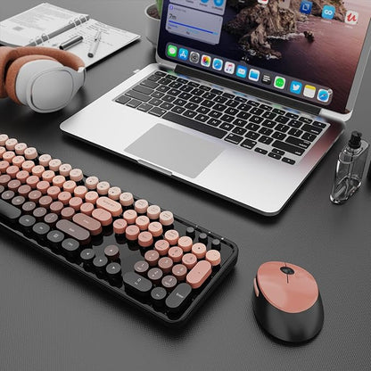 Wireless Keyboard and Mouse Combo, Ergonomic Full Size Typewriter Retro Round Keycaps Keyboard, Compatible with Windows, PC, Perfer for Home and Office Keyboards (Aurora Red)