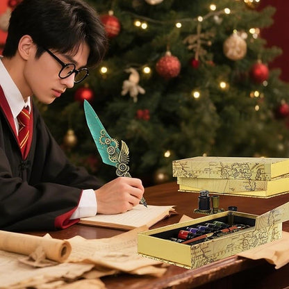 Feather Pen and Ink Set Calligraphy Kit for Beginners with Quill Pen, Antique Vintage Stationary Set for Writing, Signing & Hand Lettering Art