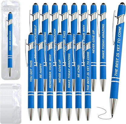 60 Piece Inspirational Pens Kit with Stylus Tip & Sayings – 30 Motivational Pen + 30 Individual Bags – Uplifting Quote & Positive Ideas – For Teachers, Office, School, Meetings, Team Events(Blue)