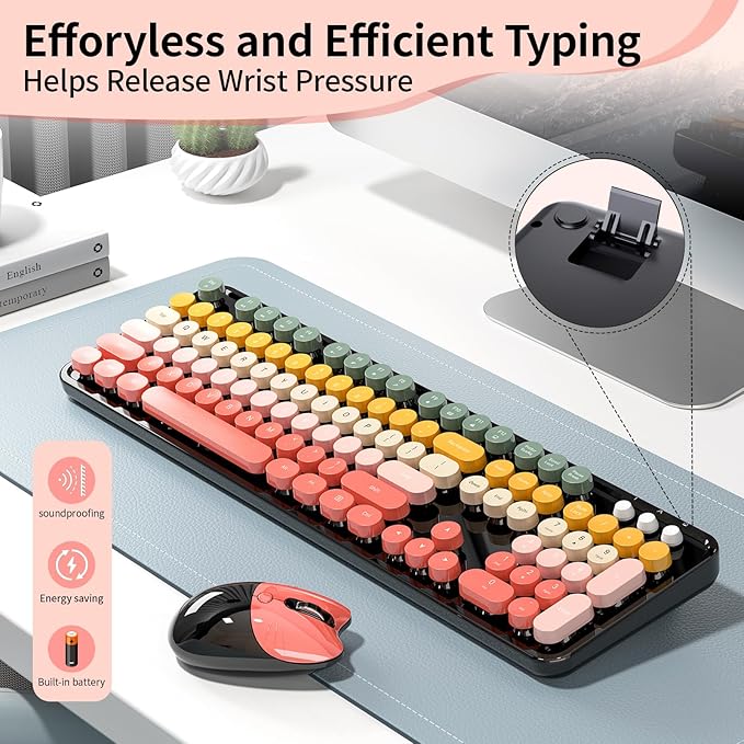 Wireless Keyboard and Mouse, MOFII 104 Round Keycaps Retro Typewriter with OTG & Brush, Full-Size Ergonomic, Ideal for Windows PC, Home, Office and College Rainbow Red