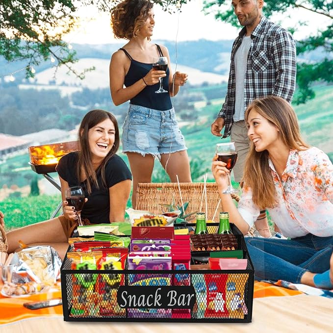 Snack Organizer for Pantry Shelf, Metal Snack Organizer Snack Basket, 6 Compartment Snack Bin Holder Chip Organizer, Snack Bar Station Organizer, Kitchen Pantry Organizer and Storage (Black)