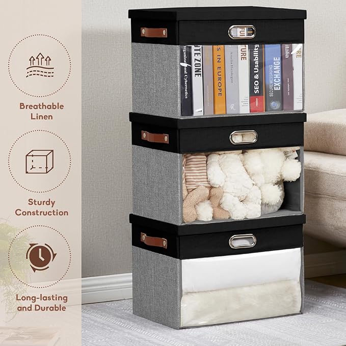 Fabric Clear Window Storage Bins with Lid, Closet Storage Box Linen Closet Baskets with 3 Handles for Organizing Clothing, Jeans, Shelves 17''- 3 Pack (Gray and Black)