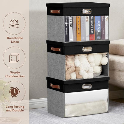 Fabric Clear Window Storage Bins with Lid, Closet Storage Box Linen Closet Baskets with 3 Handles for Organizing Clothing, Jeans, Shelves 17''- 3 Pack (Gray and Black)