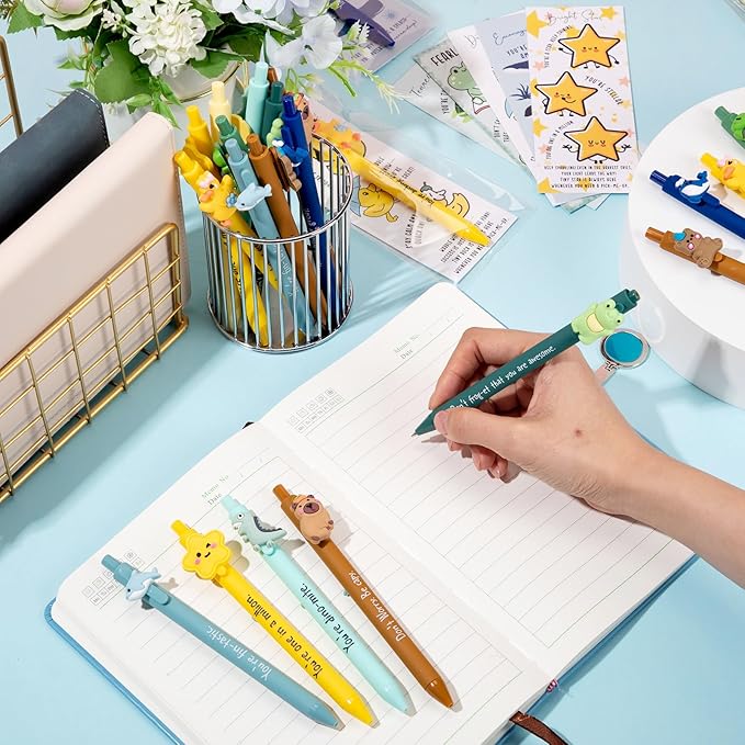 Eersida 30 Sets Inspirational Ballpoint Pens Bulk Funny Animal Cute Pens Employee Appreciation Gifts with Positive Bookmarks for Coworkers Teacher Nurse Team Staff Christmas