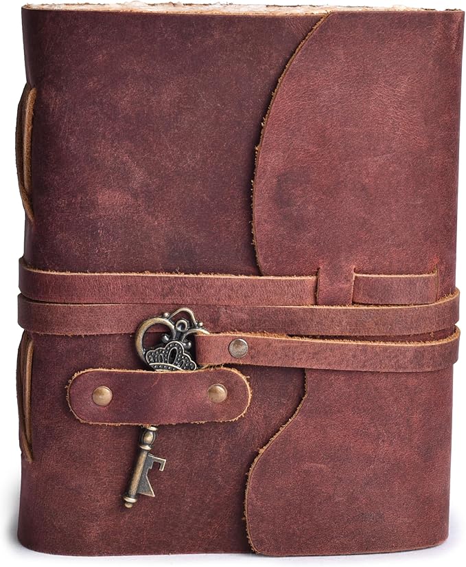 LEATHER VILLAGE Vintage Leather Journal – 200 Handmade Vintage Deckle Edge Paper – Leather bound Journal For Women Men – Vintage Key Closure - Book of Shadows - Red Brown - 8X6 inches (A5)
