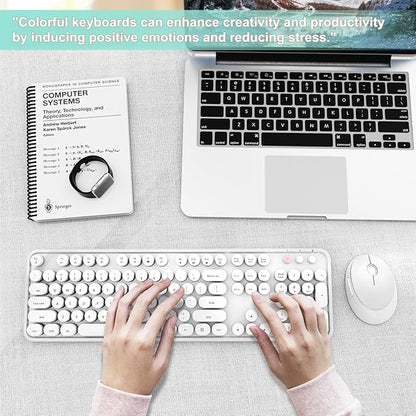 Wireless Keyboard and Mouse Combo, Ergonomic Full Size Typewriter Retro Round Keycaps Keyboard, Compatible with Windows, PC, Perfer for Home and Office Keyboards（White）