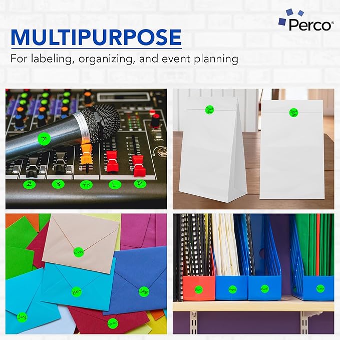 Perco Fluorescent Green 1-Inch Round Circle Dot Sticker Labels with Easy Peel Perforation - 1,000 Labels per Roll - Strong Adhesion, Vibrant Colors for Organizing, Crafting & More - Made in USA