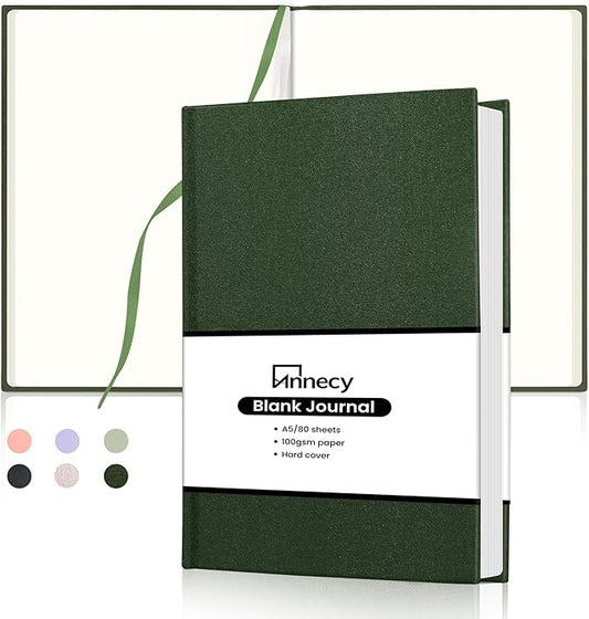 Annecy Blank Journal Notebook, Medium 5.5x 8.25, 160 Pages 100GSM Writing Paper, A5 Deep Green Faux Leather Cover with Pen Loop