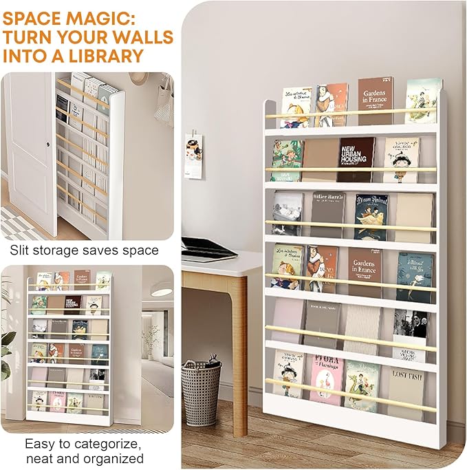 Book Shelf, Kids Bookshelf, Wall Bookshelf - 2/3/4/5/6 Tier Bookcase for Children's Books and Toys for Bedroom, Study or Living Room (Walnut Color)