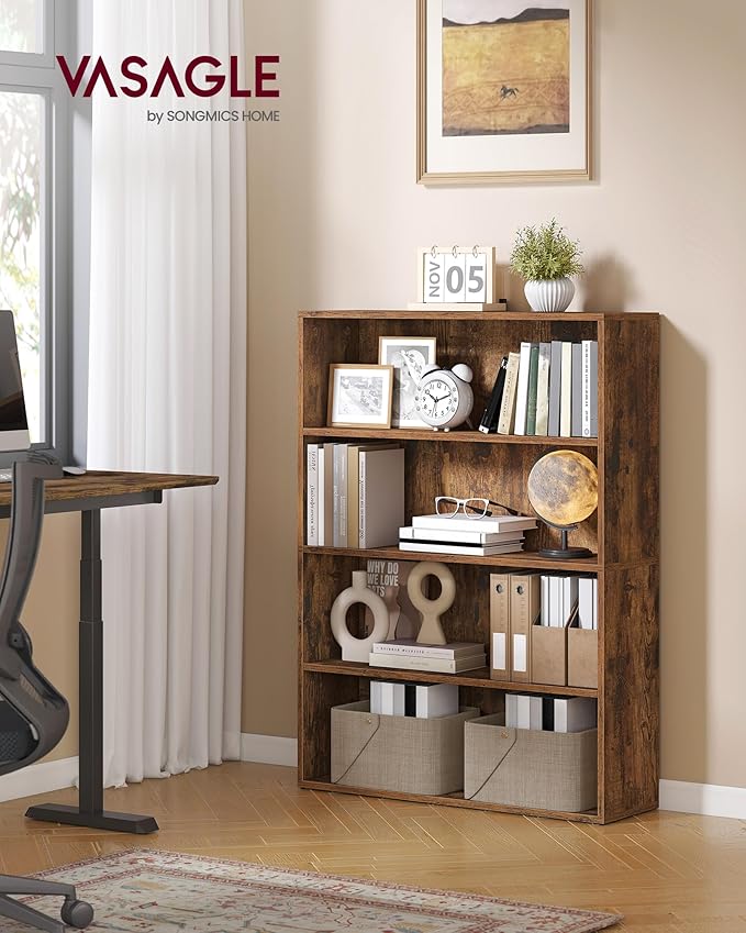 VASAGLE Custos Collection - Bookshelf, 4-Tier Bookcase, Book Shelf, Open Storage Shelf, 9.4 x 31.5 x 42.5 Inches, for Living Room, Home Office, Dining Room, Rustic Brown ULBC174K01