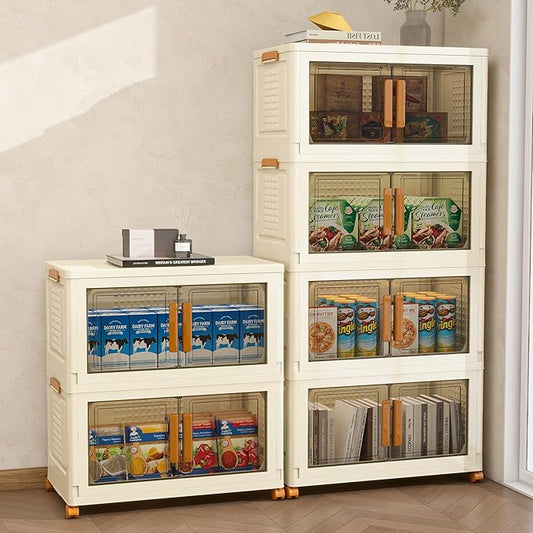 Plastic Stackable Storage Bins with Lids and Wheels, Foldable Closet Organizers and Storage Containers, Collapsible Clear Drawer Storage Cabinet with Doors Ivory White 273.6 QT