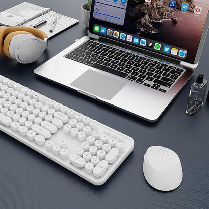 Wireless Keyboard and Mouse Combo, Ergonomic Full Size Typewriter Retro Round Keycaps Keyboard, Compatible with Windows, PC, Perfer for Home and Office Keyboards（White）