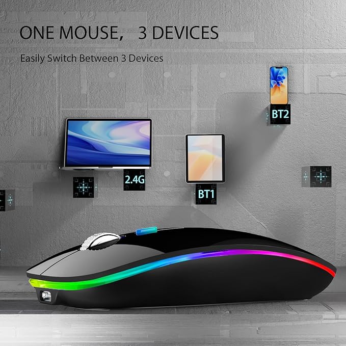 TENMOS Wireless Bluetooth Mouse, LED Slim (Bluetooth 5.1 + USB) 2.4GHz Rechargeable Silent Bluetooth Wireless Mouse with Type C Adapter for Laptop/MacBook/iPad OS 13 and Above (Black)