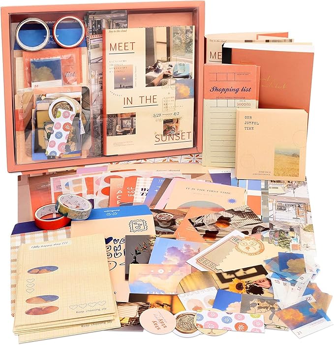 Draupnir Aesthetic Scrapbook Kit(348pcs), Bullet Junk Journal Kit with Journaling/Scrapbooking Supplies, Stationery,A6 Grid Notebook with Graph Ruled Pages DIY Scrapbook Gift for Teen Girl Kid(Sunset)