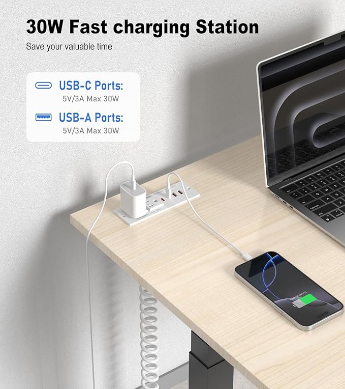 30W Drawer Outlet, Furniture Recessed Power Strip with 4 USB Ports & 2 AC Outlets, Recessed Outlet for Conference Rooms, Office Tables, Furniture, 5FT Spring Cord (ETL Listed)