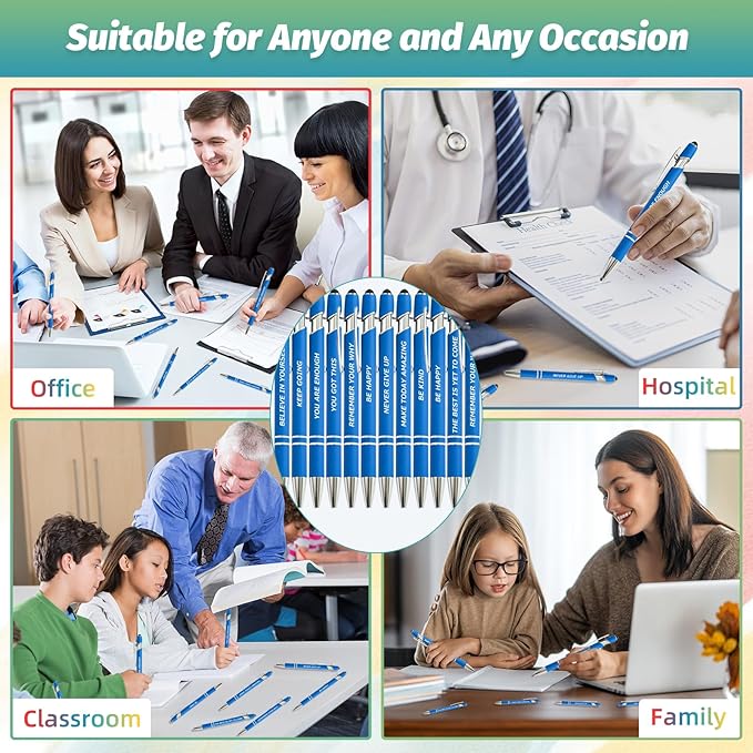 40 Piece Inspirational Pens Kit with Stylus Tip & Sayings – 20 Motivational Pen + 20 Individual Bags – Uplifting Quote & Positive Ideas – For Teachers, Office, School, Meetings, Team Events(Blue)