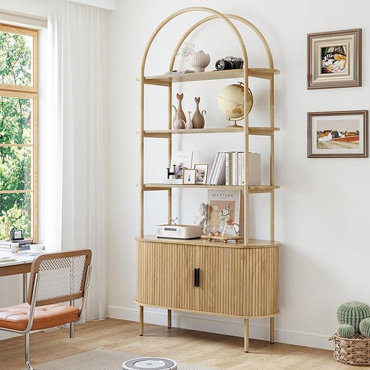 79" Tall Arched Bookshelf with Sliding Tambour Doors, Mid Century Modern Curved Bookcase Cabinet with Storage, 4-Tier Open Display Storage Shelf for Home Office, Living Room (Natural, 79inch)