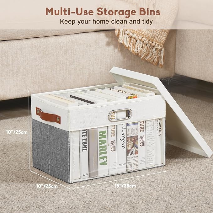 Fabric Clear Window Storage Bins with Lid, Closet Storage Box Linen Closet Baskets with 3 Handles for Organizing Clothing, Jeans, Shelves 15''- 3 Pack (Gray and White)