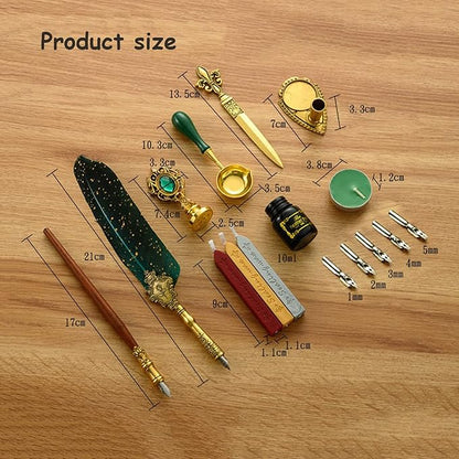 Antique Feather Pen Set, with Craft Decoration Pen, Wood Dip Pen, Metal Spoon, Wax Seal Sticks, Ink, Candle, Pen Nibs, Pen Nib Holder, Wax Seal Kit for Wedding Invitation Card #88