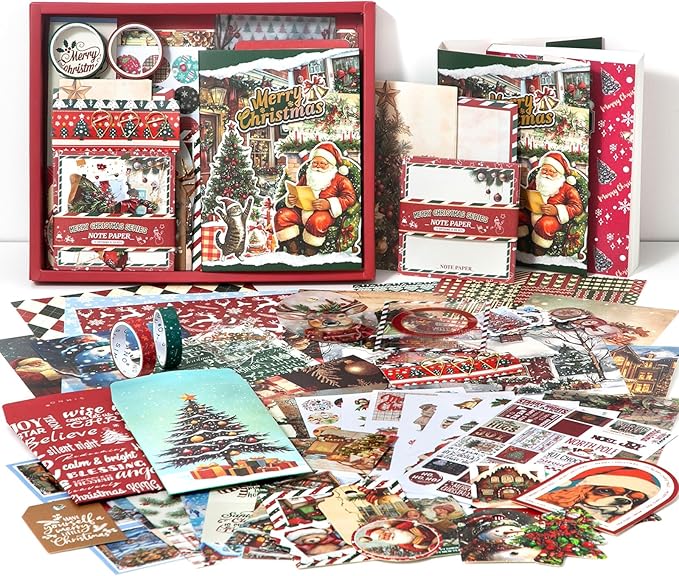 Draupnir Christmas Scrapbooking Supplies Kit,New Year Festival Aesthetic Scrapbook Stickers Kit for Junk Journal,Stationery,Bullet A6 Grid Notebook DIY Scrapbook Craft Christma Gift for Teen Girl Kid