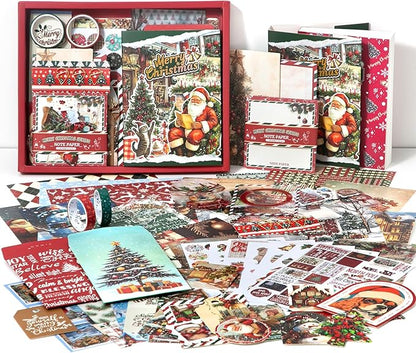Draupnir Christmas Scrapbooking Supplies Kit,New Year Festival Aesthetic Scrapbook Stickers Kit for Junk Journal,Stationery,Bullet A6 Grid Notebook DIY Scrapbook Craft Christma Gift for Teen Girl Kid