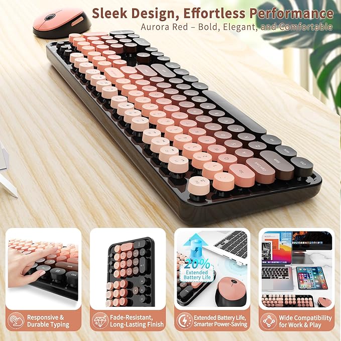 Wireless Keyboard and Mouse Combo, Retro Typewriter Keyboard with Round Keycaps, Full-Size Ergonomic, Aurora Red, Ideal for Windows PC, Home, Office, and College