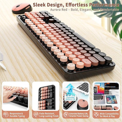 Wireless Keyboard and Mouse Combo, Retro Typewriter Keyboard with Round Keycaps, Full-Size Ergonomic, Aurora Red, Ideal for Windows PC, Home, Office, and College