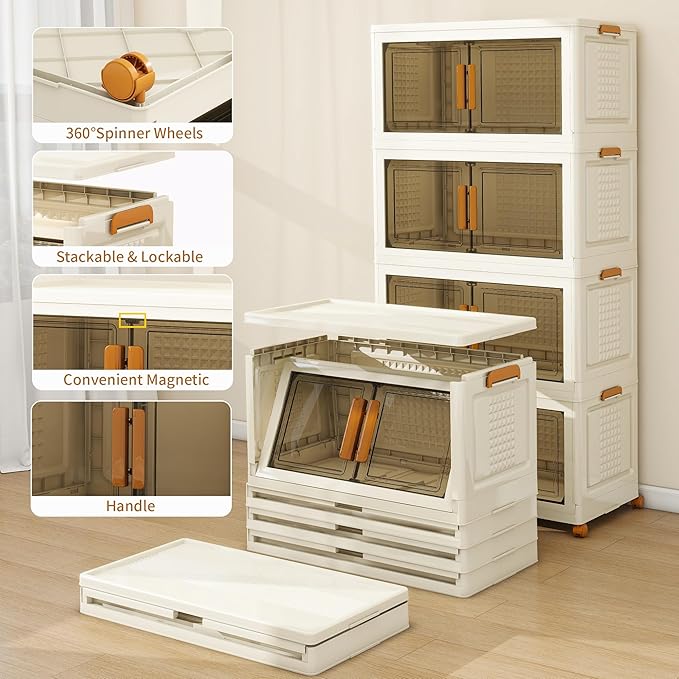 Plastic Stackable Storage Bins with Lids and Wheels, Foldable Closet Organizers and Storage Containers, Collapsible Clear Drawer Storage Cabinet with Doors Ivory White 358.4 QT