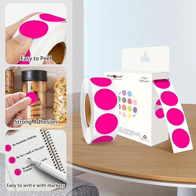 PARLAIM 1 Inch Round Color-Code Dot Stickers,10000per/10 Rolls dots Label Dispenser Box, Fluorescent Pink Circle Stickers Label for Office Home(Fluorescent Pink)