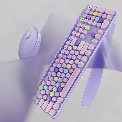 UBOTIE Wireless Keyboard and Mouse Combo with Phone Holder Wrist Rest, Round Colorful Keys, Power Switches, 2.4GHz USB Receiver, Full-Size QWERTY Layout for PC Laptop(Purple Colorful)