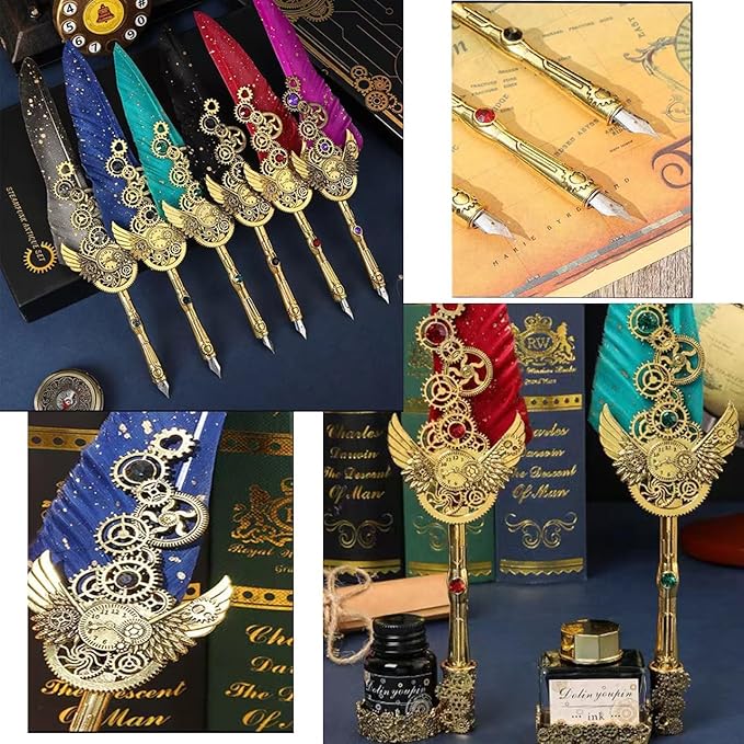 Quill Feather Pen and Ink Set,Calligraphy Set,Calligraphy Kits Include Antique Quill Feather Pen,Handcraft Wooden Pen,6 Nibs,2 Bottles Inks,Pen Holder for Beginners Birthday Gift（blue）