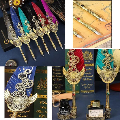 Quill Feather Pen and Ink Set,Calligraphy Set,Calligraphy Kits Include Antique Quill Feather Pen,Handcraft Wooden Pen,6 Nibs,2 Bottles Inks,Pen Holder for Beginners Birthday Gift（blue）