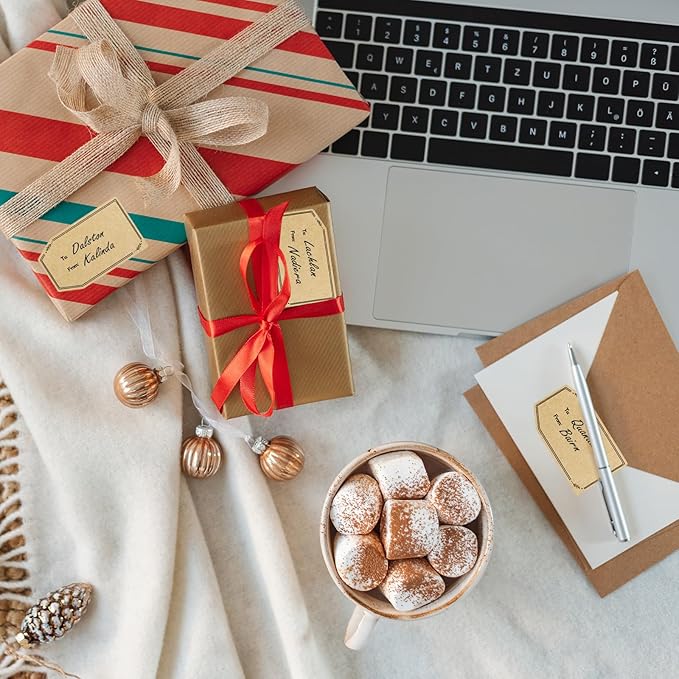 Kraft Gift Tag Stickers, 1.18" x 2" Christmas Gift Tags Stickers, Brown Kraft to and from Gifts Labels Self Adhesive Christmas Labels Holiday Present Label, Perforated line design-600PCS