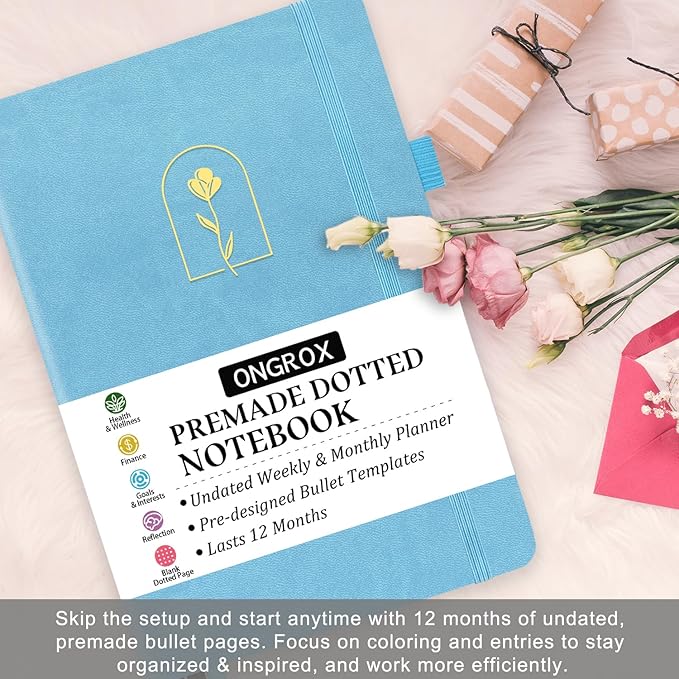 Premade Bullet Style Notebook with Undated Weekly & Monthly Planner, Dotted Journal with Pre-made Bullet Planner Stencils, Dot Grid Journaling with Habits & Mood Tracker, 12 Month Organization, A5
