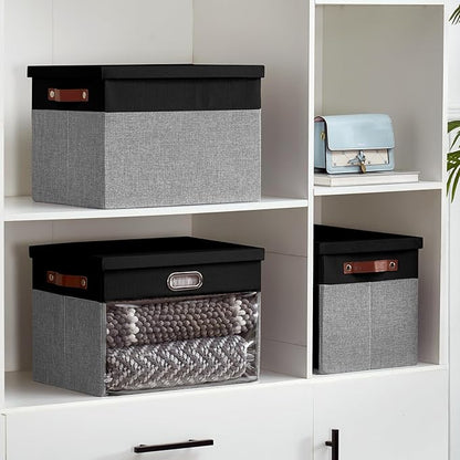 Fabric Clear Window Storage Bins with Lid, Closet Storage Box Linen Closet Baskets with 3 Handles for Organizing Clothing, Jeans, Shelves 17''- 3 Pack (Gray and Black)