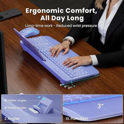 Purple Keyboard and Mouse Wireless Combo, 4000mAh Rechargeable Backlit Quiet Keyboards mice Set, USB Ergonomic Key Board with Wrist Rest & Phone Holder for PC, Mac, Windows, Natural Soft Typing