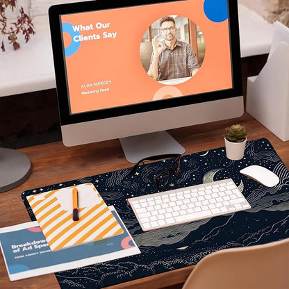 Desk Pad, Beautiful Night Sky Desk Mat, Line Stars and Moon Large Gaming Mouse Pad for Desk, 31.5"x15.7" Extended Big Computer Keyboard Mouse Pad with Non-Slip Base and Stitched Edge
