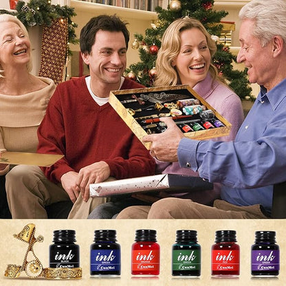 Quill Pen and Ink Set - Mechanical Punk Feather pen - Wooden Dip Pen - Glass Drawing Pen - Multi Ink Calligraphy Pen Set - Basic Wax Seal Stamp Kit- 17 Calligraphy Nibs（Grey）