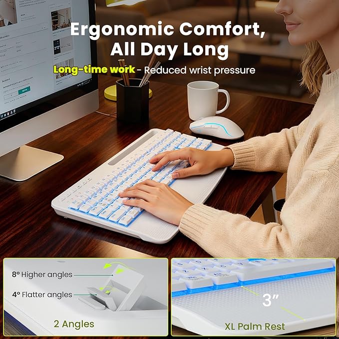 White Keyboard and Mouse Wireless Combo, 4000mAh Rechargeable Backlit Quiet Keyboards mice set, USB Ergonomic Key Board with Wrist Rest & Phone Holder for PC, Mac, Windows, Natural Soft Typing—SABLUTE