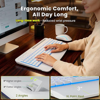 White Keyboard and Mouse Wireless Combo, 4000mAh Rechargeable Backlit Quiet Keyboards mice set, USB Ergonomic Key Board with Wrist Rest & Phone Holder for PC, Mac, Windows, Natural Soft Typing—SABLUTE