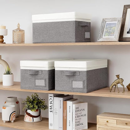 GRANNY SAYS Storage Bins with Lids, Collapsibe Clothes Organizers and Storage, Storage Baskets for Shelves, Decorative Storage Boxes with Lids, 3-Pack, Gray&Ivory