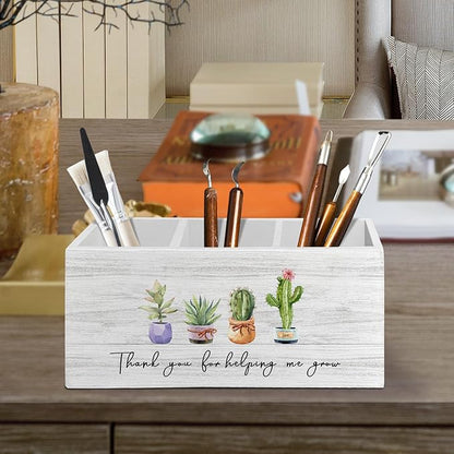 Teacher Pen Pencil Holder Organizer for Desk Accessories, Teacher Appreciation Gifts, Thank You for Helping Me Grow Wooden Box Sign Desk Decor for Office Decoration, Best Teachers Gifts
