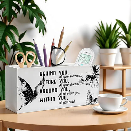Retro Butterfly Graduation Pencil Pen Holder for Desk, Behind You All Your Memories Wooden Pencil Holder Organizer for Home Office Desk Accessories, Graduation Gifts for Her